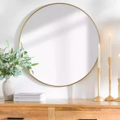 New Kirklands Home Antique Brass Nouveau Linear Round Mirror Gold