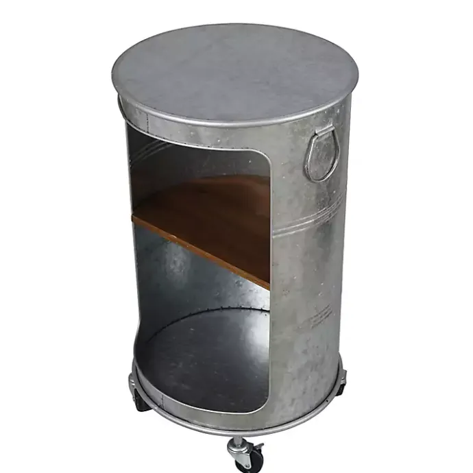 Kirklands Home Antique Round Rolling Galvanized Accent Table Gray