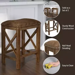 Hot Kirklands Home Antique Walnut Faux Leather Stools, Set of 2 Brown