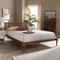 Kirklands Home Ash Walnut Wrap-Around Rattan Platform Queen Bed Brown