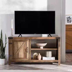 Best Kirklands Home Barn Door Rustic Oak TV Stand with Open Shelves Brown