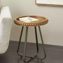 Kirklands Home Beaded Wood Rattan Round Accent Table Brown