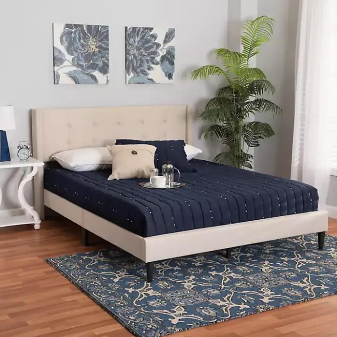 Kirklands Home Beige Button Tufted Headboard Queen Bed Frame Tan