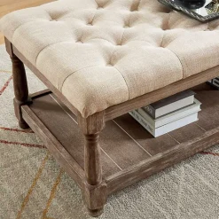 New Kirklands Home Beige Tufted Linen and Wood Bench Tan