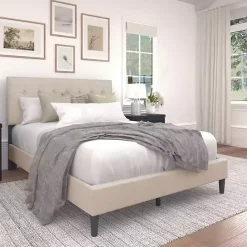 Online Kirklands Home Beige Tufted Low Profile Platform Queen Bed Tan