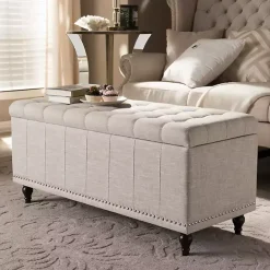 Hot Kirklands Home Beige Tufted Upholstery Storage Ottoman Tan