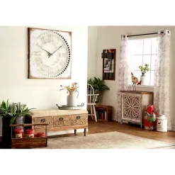 Discount Kirklands Home Beige Upholstered Acanthus Carved Wooden Bench Tan
