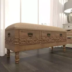 Discount Kirklands Home Beige Upholstered Acanthus Carved Wooden Bench Tan