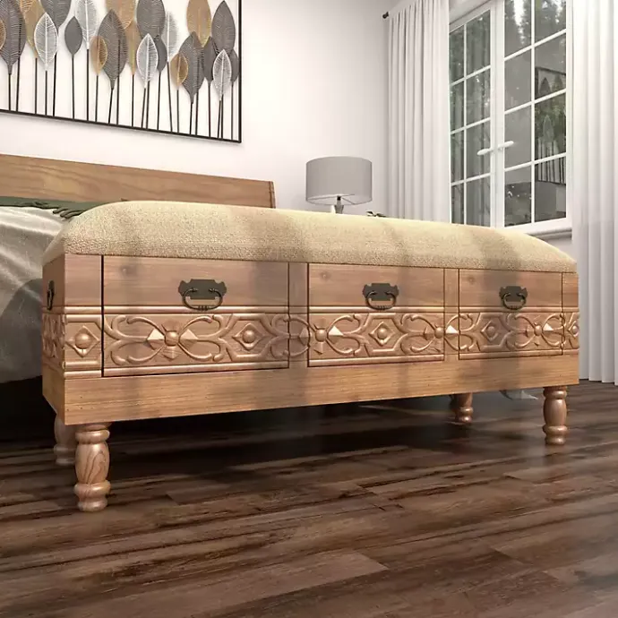 Discount Kirklands Home Beige Upholstered Acanthus Carved Wooden Bench Tan