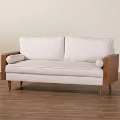 Online Kirklands Home Beige Upholstered Harley Walnut Sofa Tan