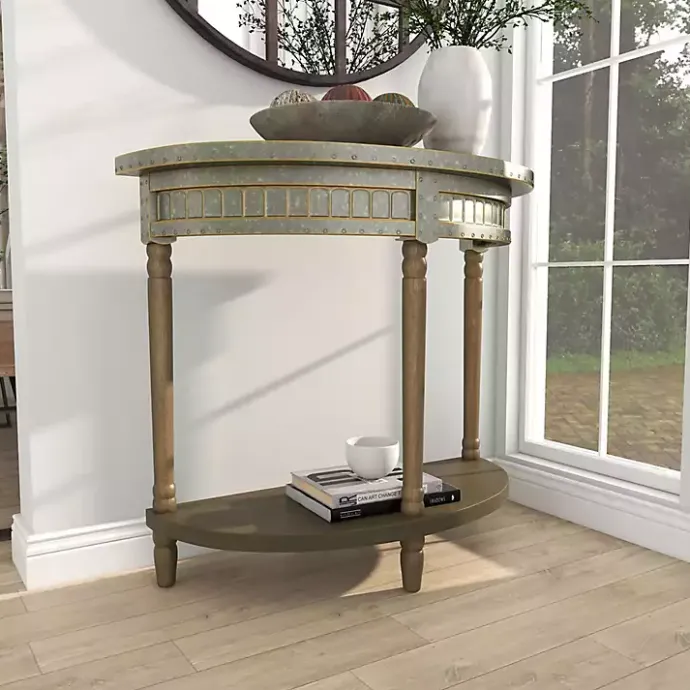 Kirklands Home Beige Wood and Metal Half Moon Console Table Tan