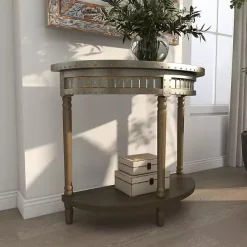 Kirklands Home Beige Wood and Metal Half Moon Console Table Tan