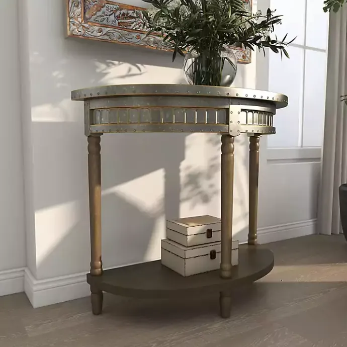 Kirklands Home Beige Wood and Metal Half Moon Console Table Tan