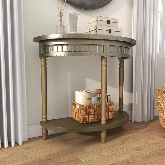 Kirklands Home Beige Wood and Metal Half Moon Console Table Tan