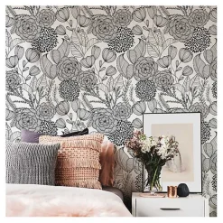 Hot Kirklands Home & White Floral Garden Peel & Stick Wallpaper Black