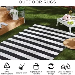 New Kirklands Home Black and White Rugby Stripe Outdoor Area Rug, 5x8