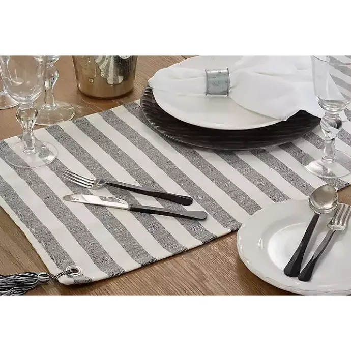 Discount Kirklands Home Black and White Rustic Stripe Tassel Table Runner