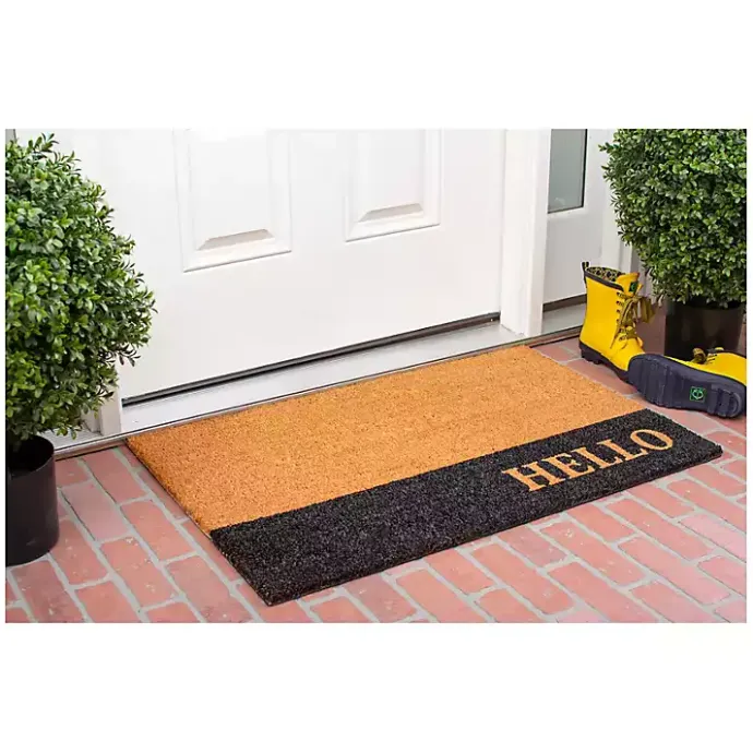 New Kirklands Home Black Hello Bold Stripe Coir Doormat, 24 in.