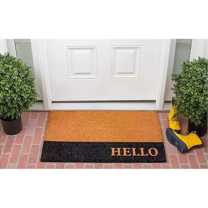 New Kirklands Home Black Hello Bold Stripe Coir Doormat, 24 in.