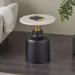 New Kirklands Home Black Metal & Marble Pedestal Accent Table White