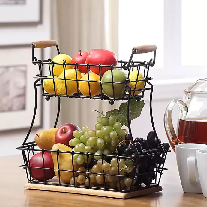New Kirklands Home Black Metal and Wood Stackable Kitchen Baskets