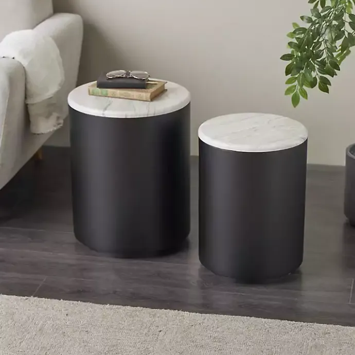 New Kirklands Home Black Metal Marble Nesting Accent Tables, Set of 2 White