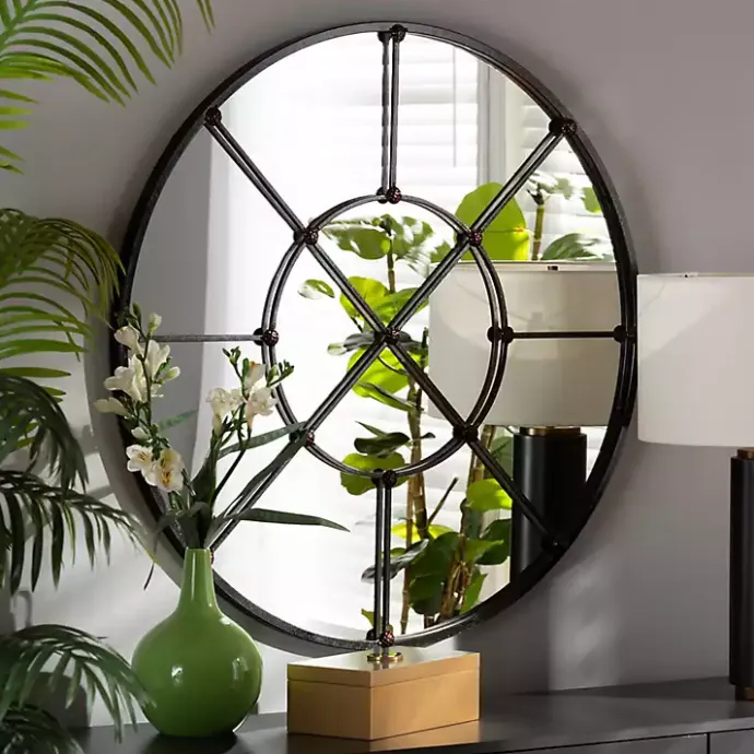 Hot Kirklands Home Metal Round Geometric Pane Wall Mirror Black