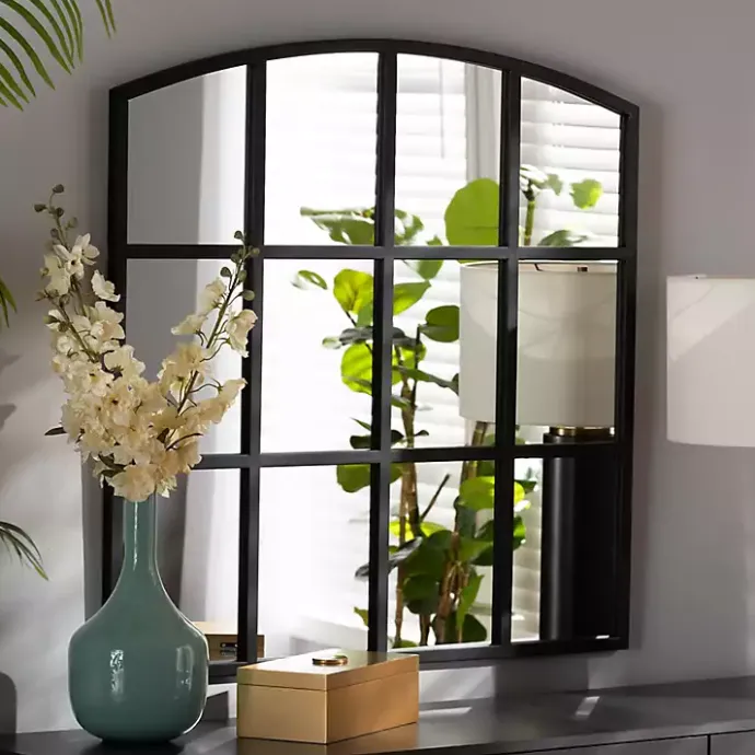 Clearance Kirklands Home Black Metal Windowpane Arched Wall Mirror