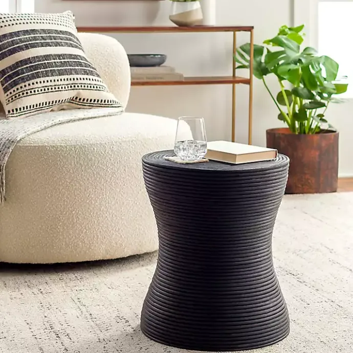 Kirklands Home Ribbed Rattan Round Accent Table Black