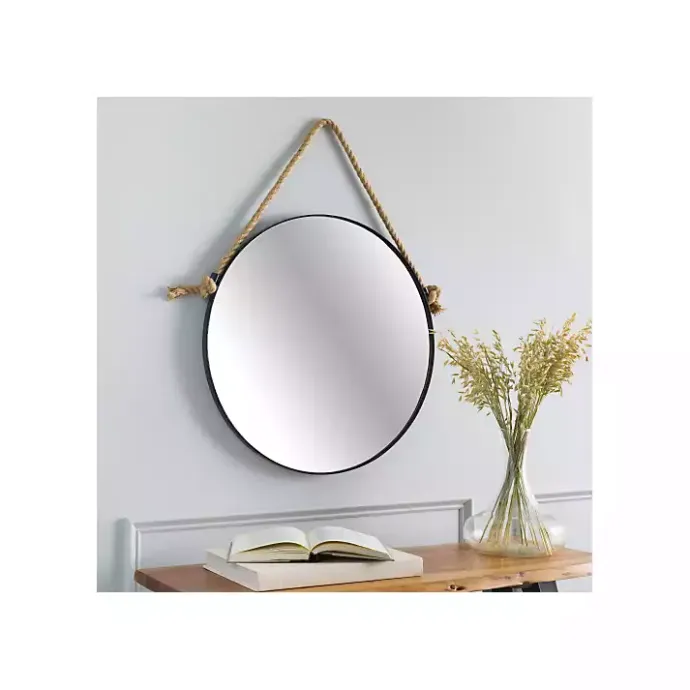 Kirklands Home Black Round Framed Mirror with Rope
