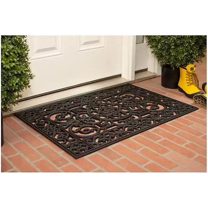 Discount Kirklands Home Scroll Border Rubber Doormat, 36x24 Black