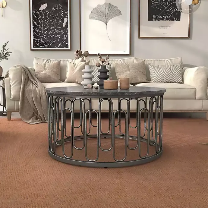 Sale Kirklands Home Stone and Metal Geometric Coffee Table Black