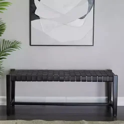 Online Kirklands Home Teak Wood and Leather Bench Black