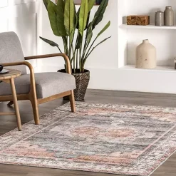 New Kirklands Home Black Vintage Motif Washable Area Rug, 8x10