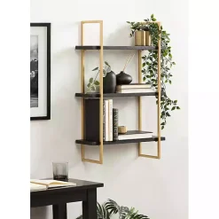 Hot Kirklands Home Black Wood and Gold Metal Leigh Wall Shelf
