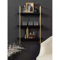 Hot Kirklands Home Black Wood and Gold Metal Leigh Wall Shelf