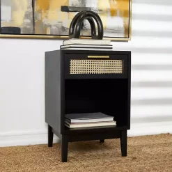Outlet Kirklands Home Wood and Natural Rattan Drawer Nightstand Black