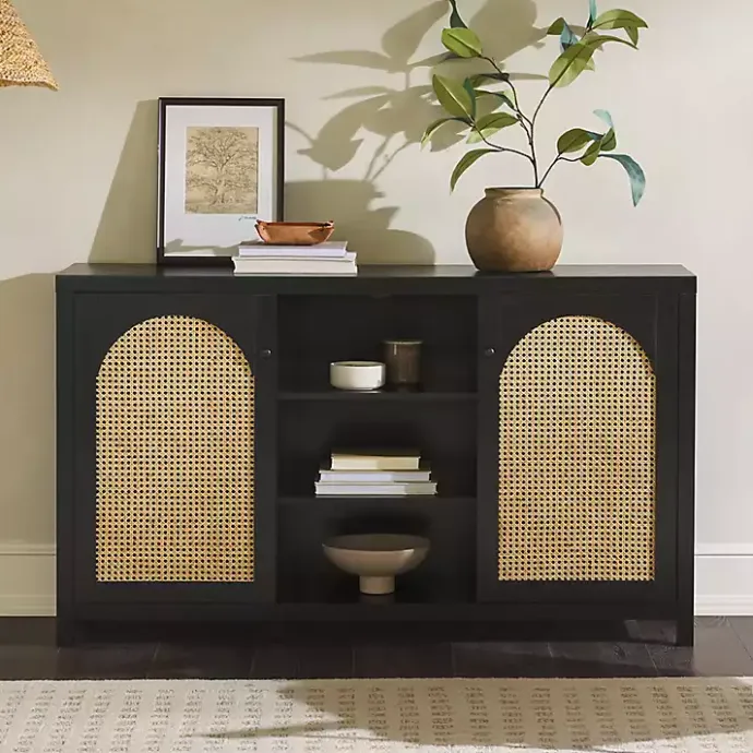 Hot Kirklands Home Wood and Rattan 2-Door Sideboard Black