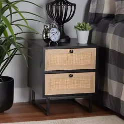 New Kirklands Home Wood and Rattan 2-Drawer Nightstand Black