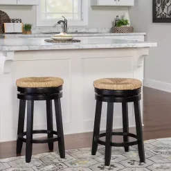 Online Kirklands Home Black Wood Seagrass Seat Swivel Counter Stool Tan