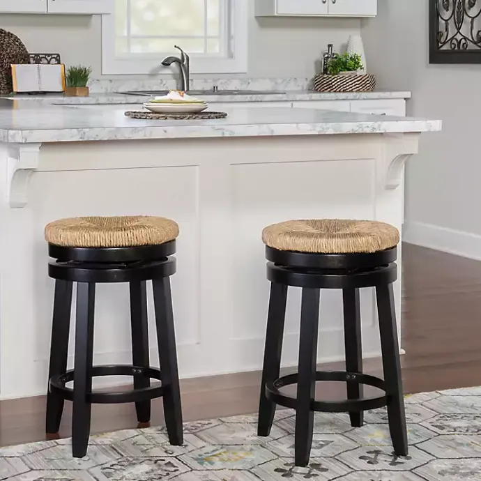 Online Kirklands Home Black Wood Seagrass Seat Swivel Counter Stool Tan