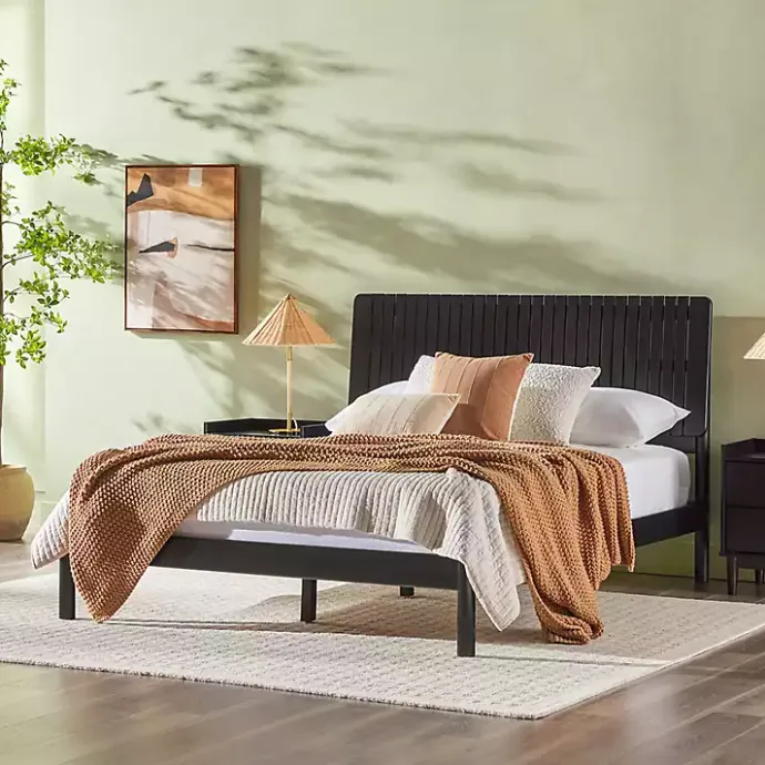 Hot Kirklands Home Wood Slatted Mid-Century Modern Queen Bed Black