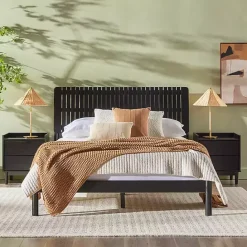 Hot Kirklands Home Wood Slatted Mid-Century Modern Queen Bed Black