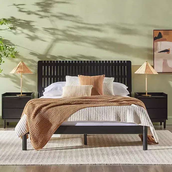 Hot Kirklands Home Wood Slatted Mid-Century Modern Queen Bed Black