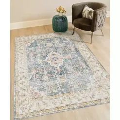 Best Kirklands Home Blue and Beige Vintage Border Area Rug, 2x3