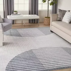 New Kirklands Home Blue and Ivory Striped Half Moon Area Rug, 8x10