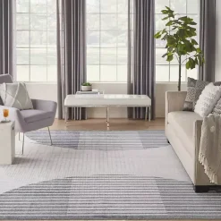 New Kirklands Home Blue and Ivory Striped Half Moon Area Rug, 8x10