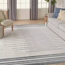 Clearance Kirklands Home Blue and Ivory Striped Moon Area Rug, 9x12