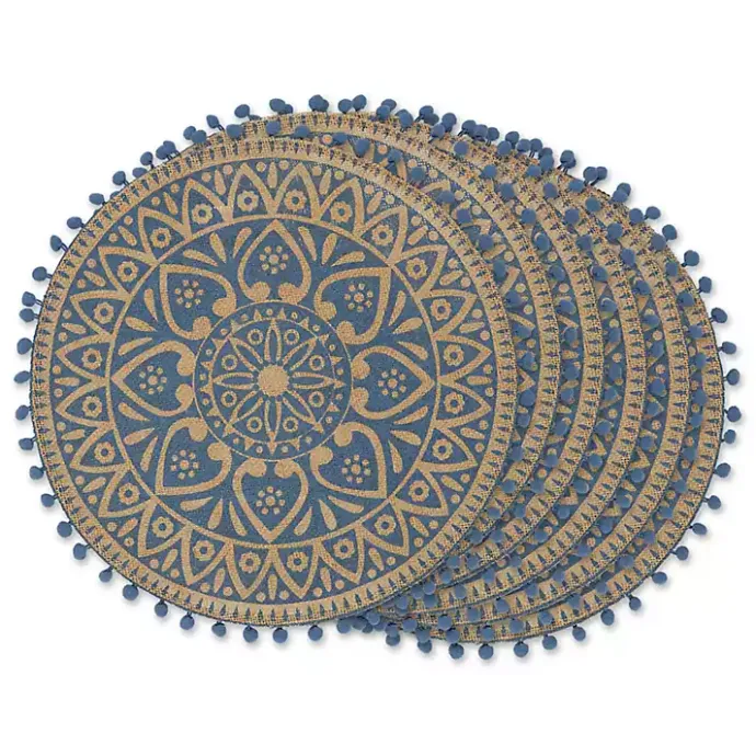Hot Kirklands Home Blue and Natural Print Round Placemats, Set of 6