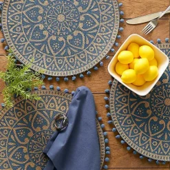 Hot Kirklands Home Blue and Natural Print Round Placemats, Set of 6